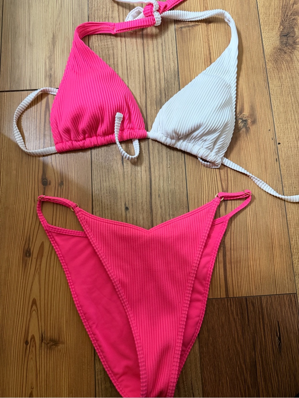 Holster Two-Tone Ribbed Triangle Bikini — Hot Pink & White size M